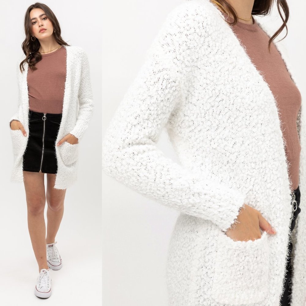 White Eyelash Popcorn Knit Long Cardigan Pockets - Picture 8 of 12